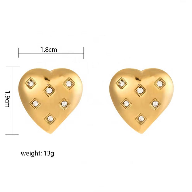 Zircon Heart Shaped Stud Earrings Stainless Steel Gold Plated Earrings Studs round Cubic Zirconia Bezel Setting