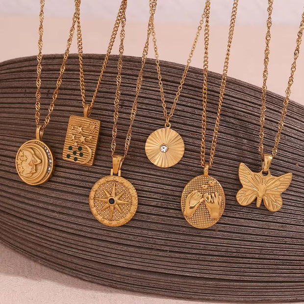 Valentine'S Day Jewelry Engraved Tarot Pendant Necklace 18K Gold Plated Stainless Steel Jewelry Set