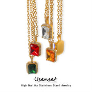 UEENSET Elegant Cubic Square Zircon Stainless Steel Pendant Necklace Charm Women'S Gold Plated Iced Out Neck Jewelry Waterproof