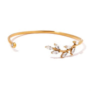 Waterproof 18K Gold Plated Stainless Steel Jewelry Gift Retro Leaves White Cubic Zirconia Opening Bangles