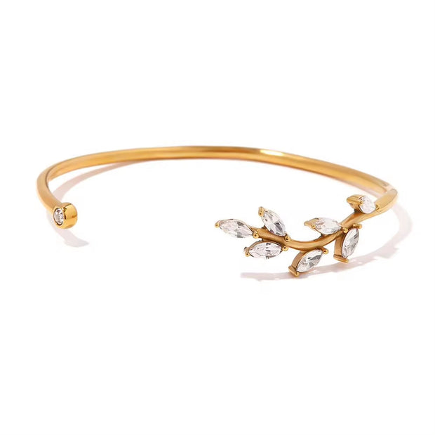 Waterproof 18K Gold Plated Stainless Steel Jewelry Gift Retro Leaves White Cubic Zirconia Opening Bangles