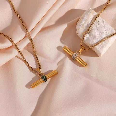 Trendy 18K Gold Plated Snake Chain Micro Pave Zircon Bar Pendant Necklace Stainless Steel Necklace for Women
