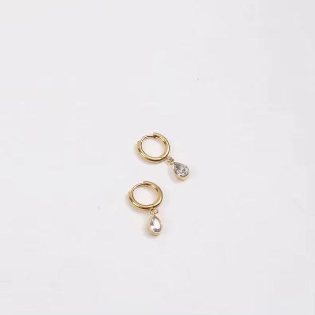 18K Gold Plated Earrings Stainless Steel Waterdrop Zircon Hoop Earring for Girls FJE0176