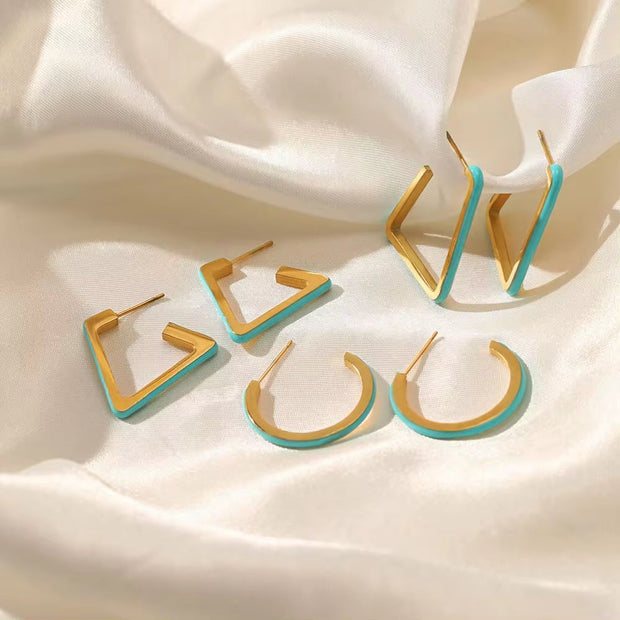 Vintage Blue Oil Dripping U-Shaped Geometric Open Earrings Stainless Steel Jewelry Gift Stud Earrings for Women