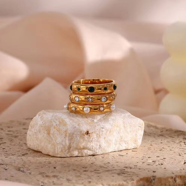 Trendy 18K Gold Plated Fresh Water Pearl & Zircon Rings Jewelry Women Tarnish Free Stainless Steel Rings