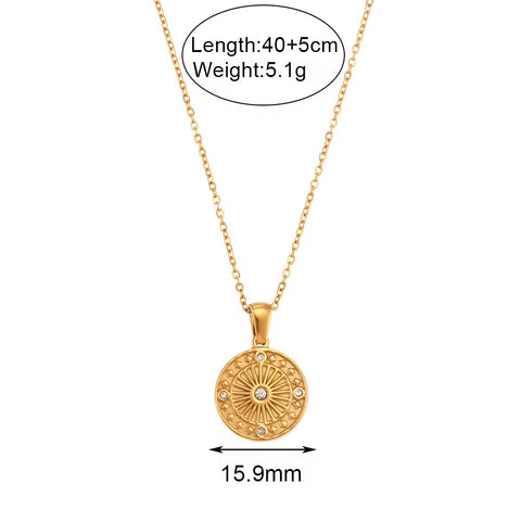 Vintage Engraved round Compass Shape Zircon Pendant Necklace 18K Gold Plated Stainless Steel Necklace