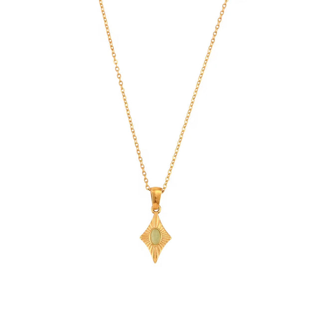 Vintage Engraved Rhombic Colorful Man-Made Opal Pendant Necklace 18K Gold Plated Stainless Steel Necklace Design Jewelry
