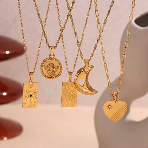 Vintage Jewelry Gold Plated Pendant Necklace Engraved Stainless Steel Jewelry Necklaces Set