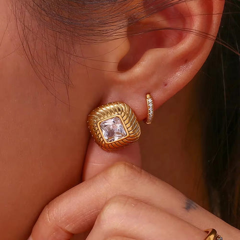 Vintage Texture Rhombus Zircon Stud Earrings Stainless Steel Statement Earring 2024 Gold Plated Earrings