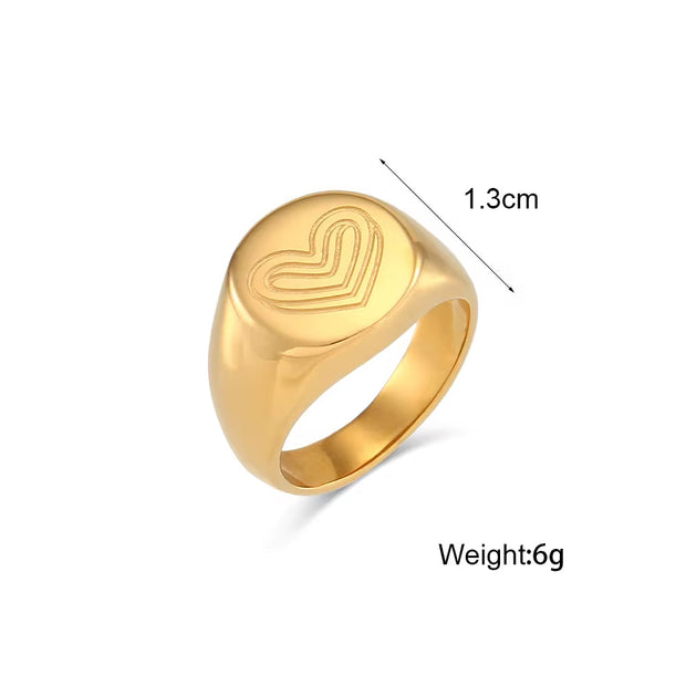 18K Gold Plated Engraved Heart Band Ring Tarnish Free Stainless Steel Signet Rings Jewelry Women