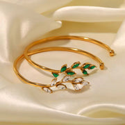 Waterproof 18K Gold Plated Stainless Steel Jewelry Gift Retro Leaves White Cubic Zirconia Opening Bangles