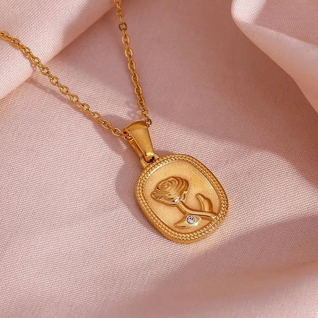 Valentines Day Gift Wholesale Dainty Engraved Rose Pendant Necklace Gold Plated Stainless Steel Necklace