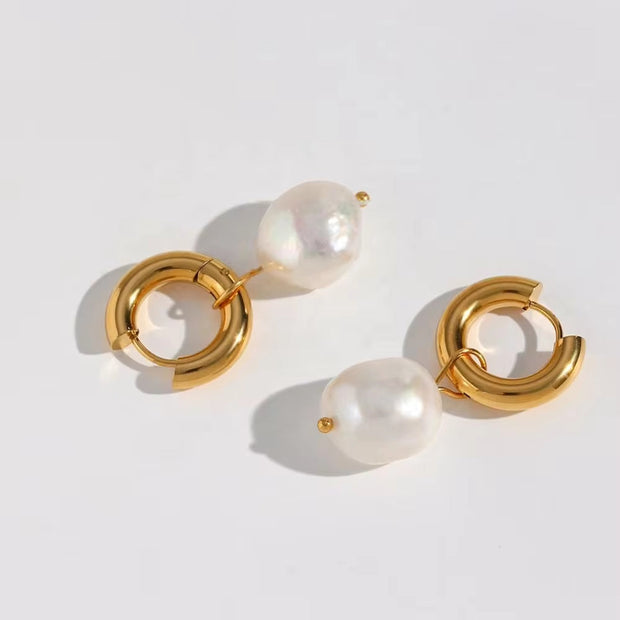 Vintage Water Proof Fresh Water Pearl Earrings Hypoallergenic Non Tarnish Stainless Steel Gold Hoop Earrings for Women