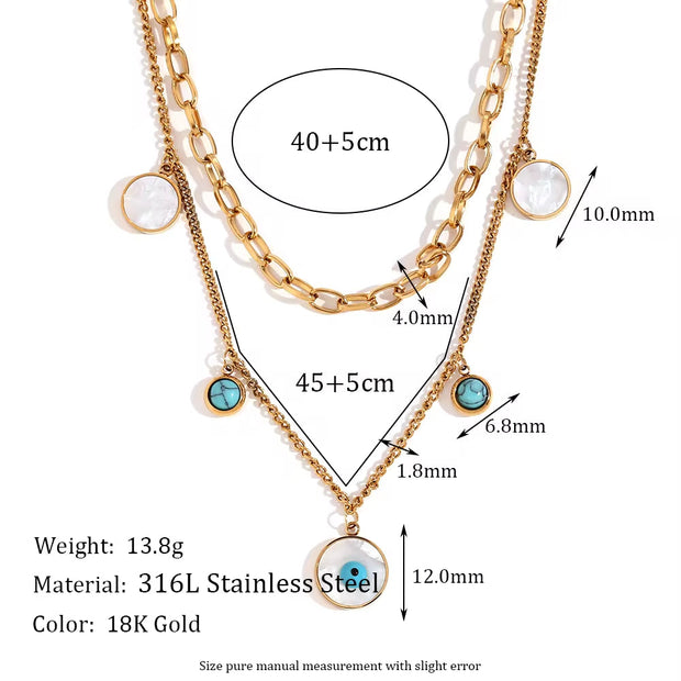Turquoise Evil Eye Charm Necklace Double Layer Chain Necklace Gold Plated Stainless Steel Jewelry