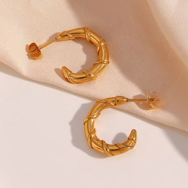 Trendy 18K Gold Plated Bamboo Shape Gold Hoop Earrings Tarnish Free Stainless Steel Earrings Women