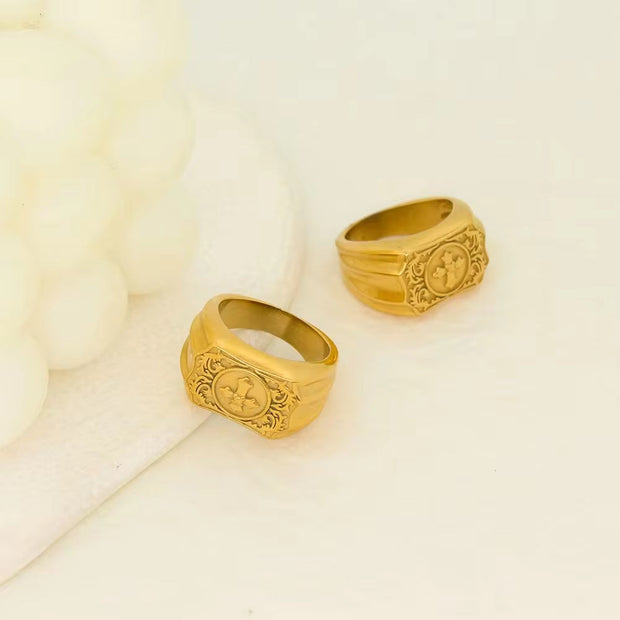 13MM Unisex Exquisite Cross Carved Stainless Steel Ring Cuban 18K Gold Plated Finger Jewelry Wedding Gift Waterproof