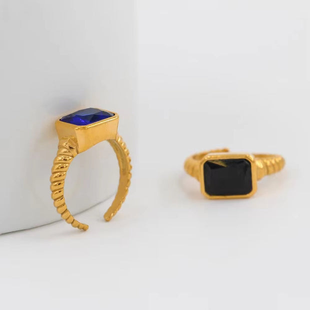 Women Non Tarnish Finger Jewelry 18K Gold Plated Stainless Steel Blue Clear White Cubic Zirconia Zircon Open Ring