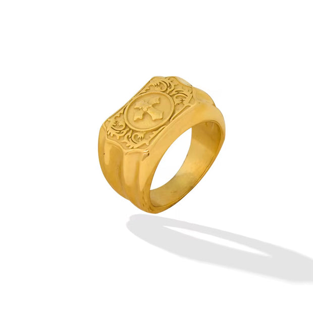 13MM Unisex Exquisite Cross Carved Stainless Steel Ring Cuban 18K Gold Plated Finger Jewelry Wedding Gift Waterproof