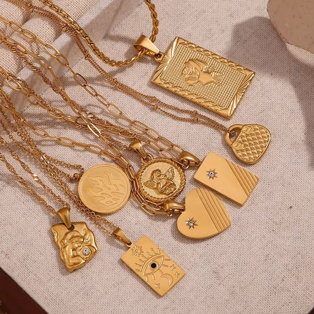 Vintage Jewelry Gold Plated Pendant Necklace Engraved Stainless Steel Jewelry Necklaces Set