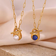 Valentine Gift Water Drop Natural Stone Necklace 18K Gold Plated Stainless Steel Paper Clip Chain Necklace