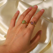 18K Gold Plated Stainless Steel round Natural Green Purple Stone Adjustable Rings for Women
