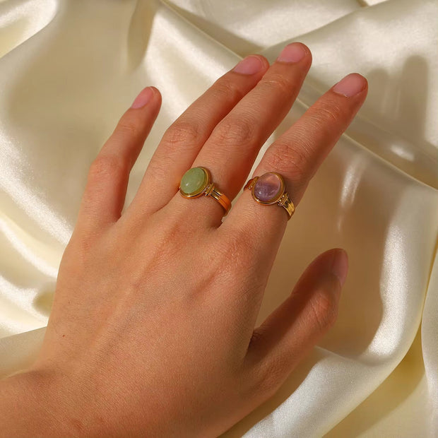 18K Gold Plated Stainless Steel round Natural Green Purple Stone Adjustable Rings for Women
