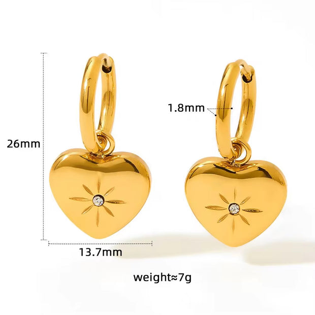 Wholesale Custom Pvd 18K Gold Plated Stainless Steel Jewelry North Star Heart Dangle Charm Hoop Earrings