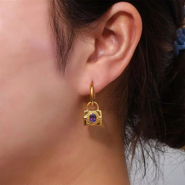 Vintage 18K Gold Plated Zircon Lock Shape Drop Earrings Stainless Steel Women Drop Earring