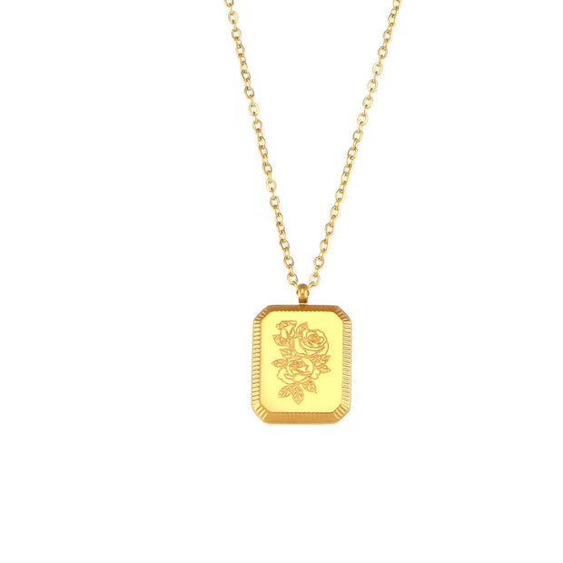 Vintage Engraved Square Birth Flower Pendant Necklace 18K Gold Plated Stainless Steel Tarot Necklace