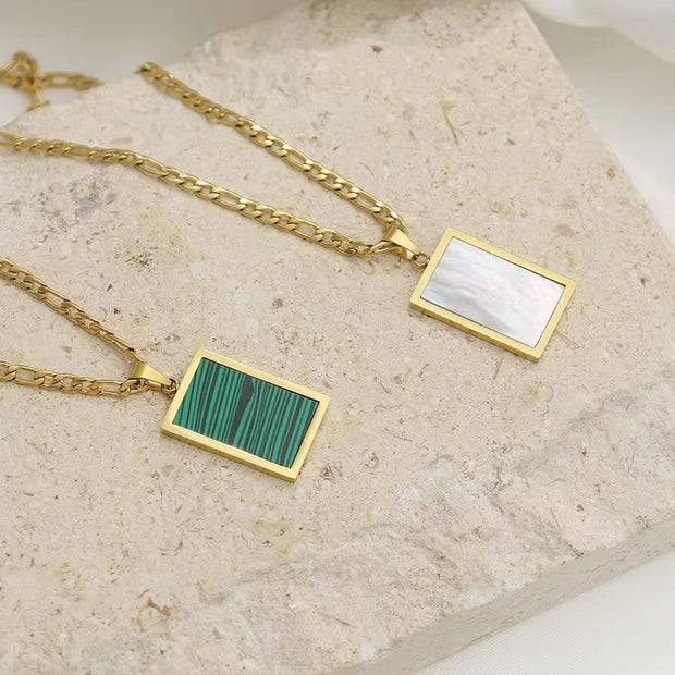 Tarnish Free Square Pendant 18K Gold Plating White & Green & Abalone Shell Figaro Chain Stainless Steel Necklace