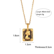 Vintage 18K Gold Plated Black Acrylic Square Picture Frame Queen Stainless Steel Pendant Necklace for Women