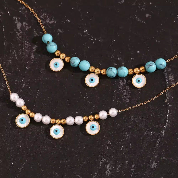 Turquoise Jewelry Imitation Pearl Evil Eye Jewelry Gold Plated Stainless Steel Charm Necklace