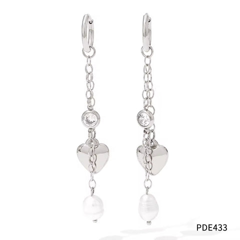 18K Gold 316 Stainless Steel Chain Link Natural Pearl Heart Long Drop Dangle Earrings for Women Waterproof Jewelry