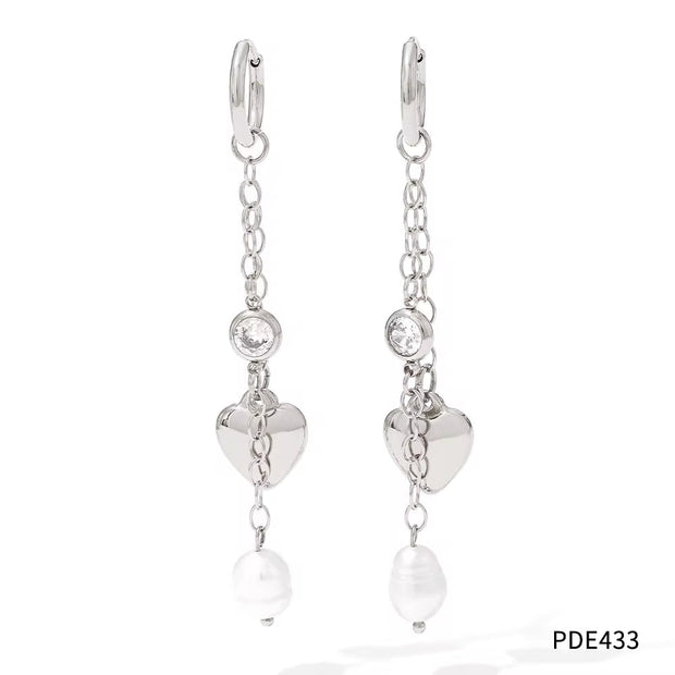 18K Gold 316 Stainless Steel Chain Link Natural Pearl Heart Long Drop Dangle Earrings for Women Waterproof Jewelry