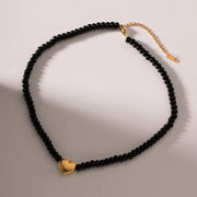 18K Gold Plated Stainless Steel Gift Black Obsidian Beads 3D Dimensional Heart Pendant Choker Necklace Women