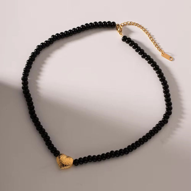18K Gold Plated Stainless Steel Gift Black Obsidian Beads 3D Dimensional Heart Pendant Choker Necklace Women