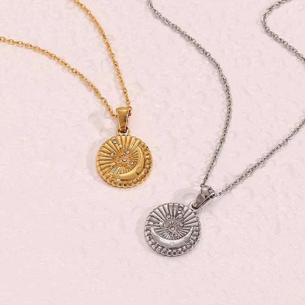 Vintage round Sunburst Texture Moon Star Zircon Pendant Necklace Stainless Steel Necklace Design Jewelry