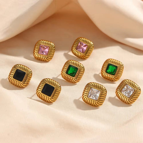 Vintage Texture Rhombus Zircon Stud Earrings Stainless Steel Statement Earring 2024 Gold Plated Earrings
