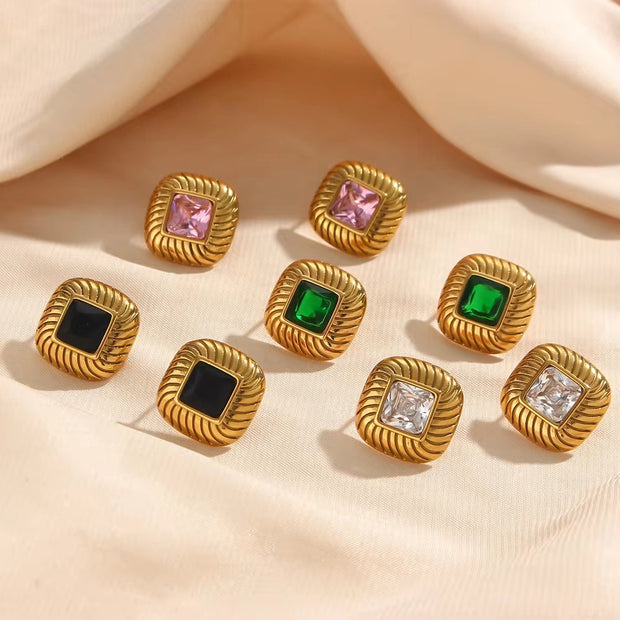Vintage Texture Rhombus Zircon Stud Earrings Stainless Steel Statement Earring 2024 Gold Plated Earrings