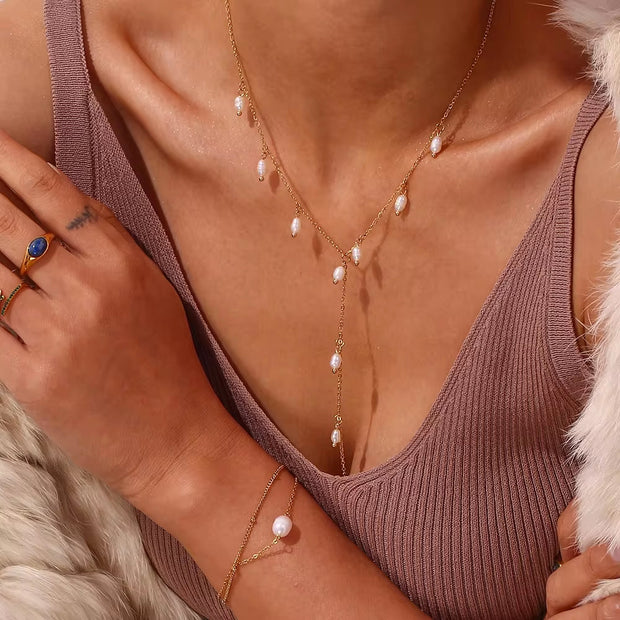 Valentines Fresh Water Pearls Tassel Necklace 18K Gold Plated Stainless Steel Chain Charm Necklace
