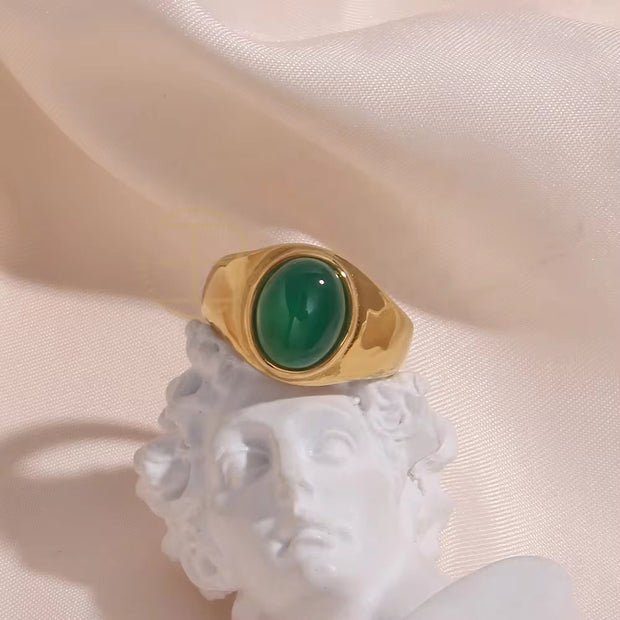 Vintage Black Brown Emarald Gemstone Ring in Titanium 18K Gold Plated Stainless Steel Opal Rings for Women Jewelry