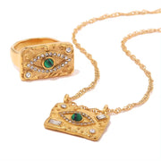 Waterproof 18K Gold Plated Stainless Steel Rings Jewelry Set Cubic Zirconia Malachite Eye Pendant Necklace