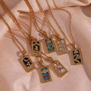 Trendy Square Colorful Enamel Zircon Tarot Cards Pendant Necklace 18K Gold Plated Stainless Steel Necklaces for Women
