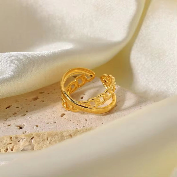 Unique Design Women Finger Ring Jewelry Double Chain Cross Adjustable Open Ring 18K Gold Plated Stainless Steel Rings