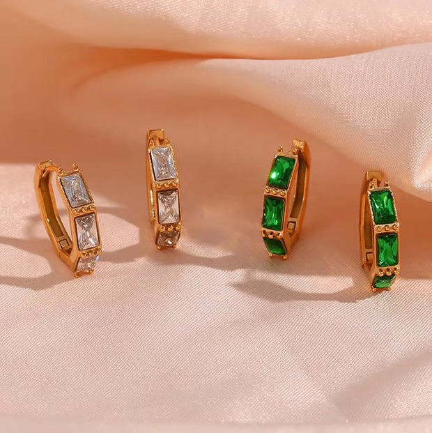 18K Gold Plated Shining Zircon Hoop Earring Tarnish Free Bamboo Shape Stainless Steel Huggies Hoop Earring