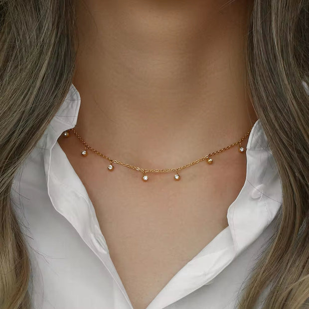 Waterproof Shining Dangle Colorful Diamond Cz Stainless Steel 18K Gold Rhinestone Choker Necklace