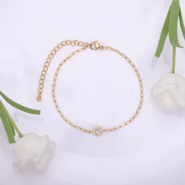 18K PVD Gold Plated Waterproof Stainless Steel Paper Clip Chain round Zirconia Bracelet for Women Wholesale Jewelry