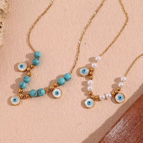 Turquoise Jewelry Imitation Pearl Evil Eye Jewelry Gold Plated Stainless Steel Charm Necklace