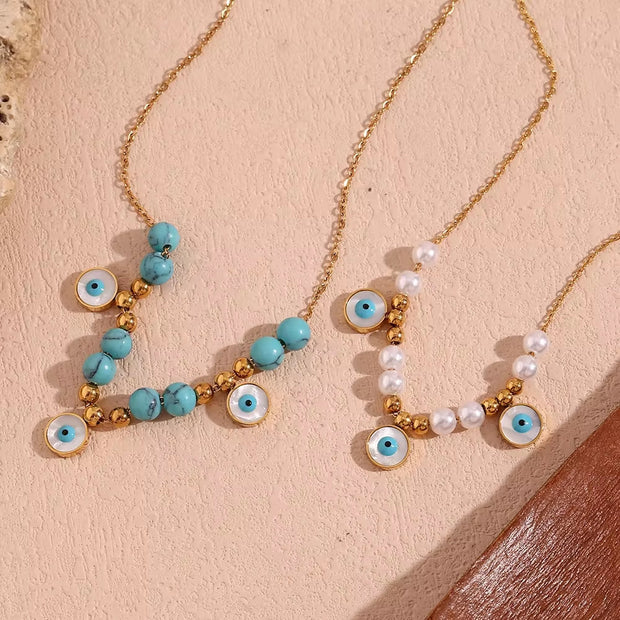 Turquoise Jewelry Imitation Pearl Evil Eye Jewelry Gold Plated Stainless Steel Charm Necklace
