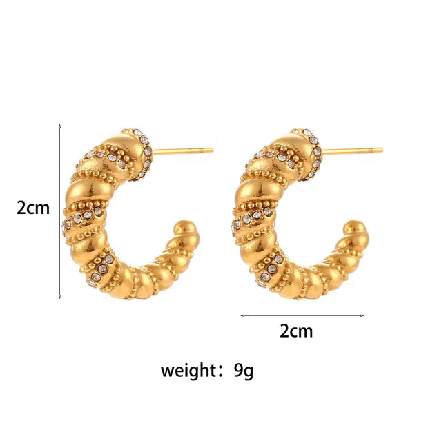 Vintage 18K Gold Plated Zircon Twist Croissant Hoop Earring Tarnish Free Stainless Steel Hoop Earring for Women